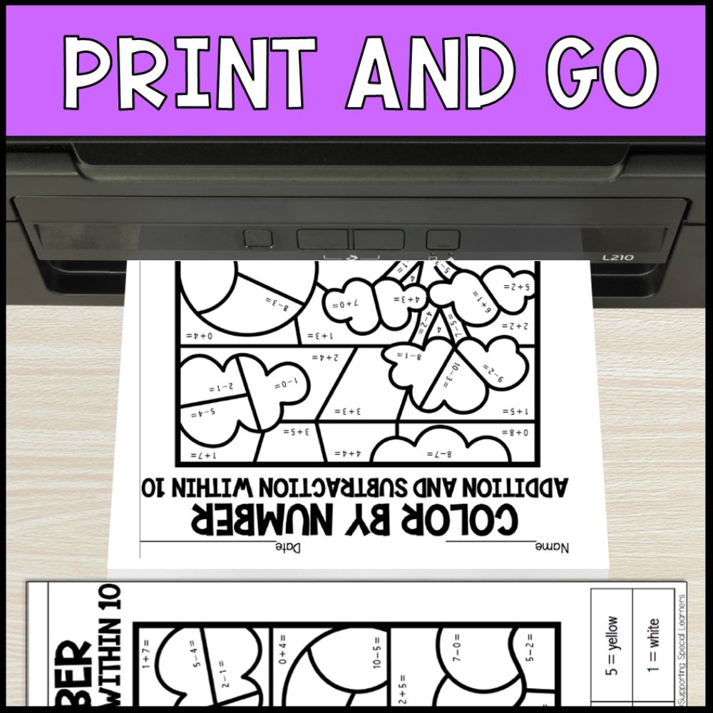 color by number addition and subtraction within 10 - safari theme no prep