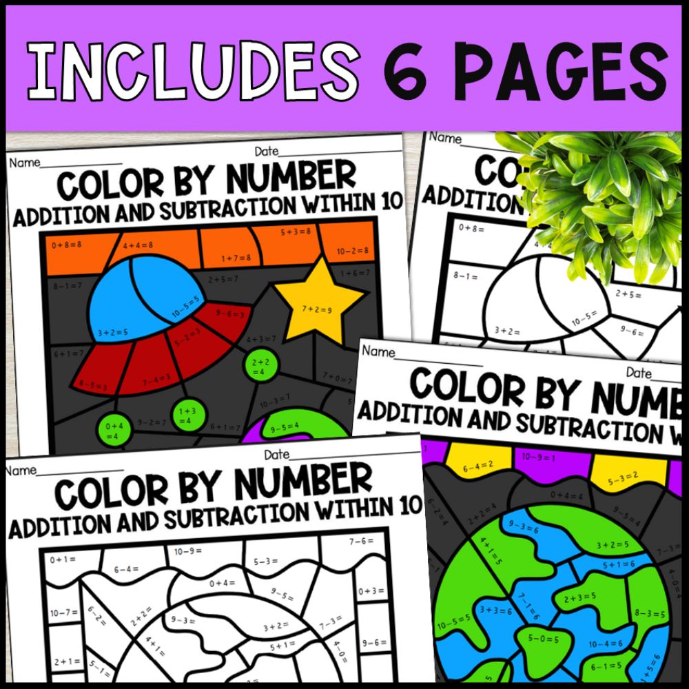 color by number addition and subtraction within 10 - space 6 pages