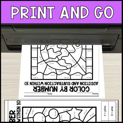 color by number addition and subtraction within 10 - space no prep