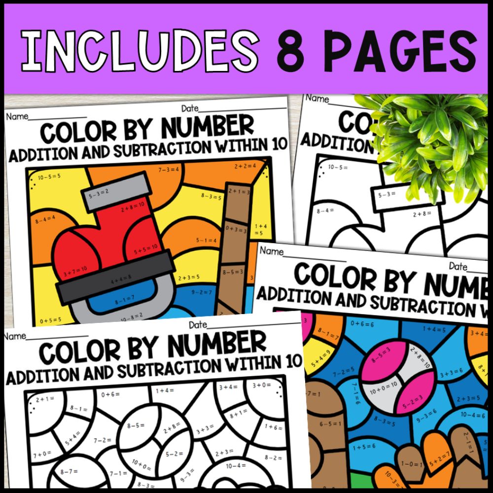 color by number addition and subtraction within 10 - sports 8 pages