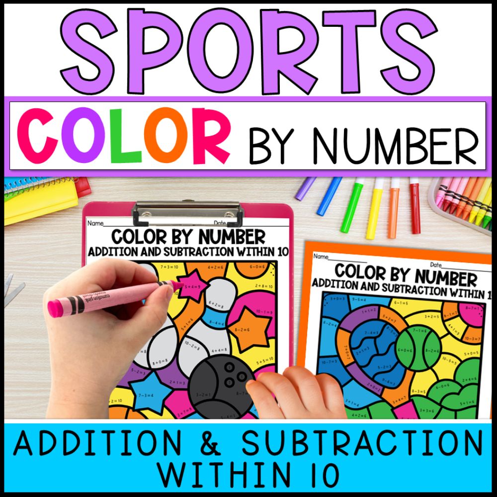 color by number addition and subtraction within 10 - sports cover