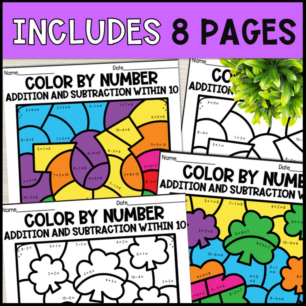 color by number addition and subtraction within 10 - st. patricks day 8 pages