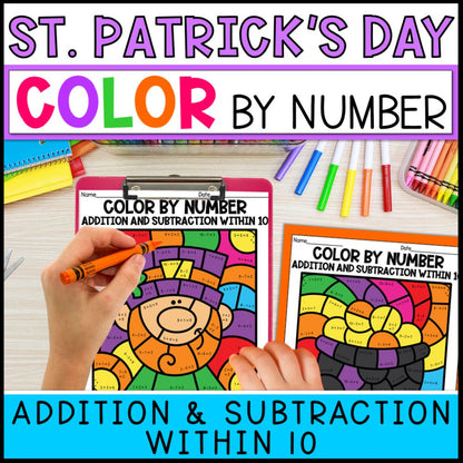 color by number addition and subtraction within 10 - st. patricks day cover