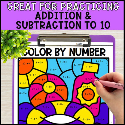 Color by Number Addition and Subtraction Within 10 - Summer