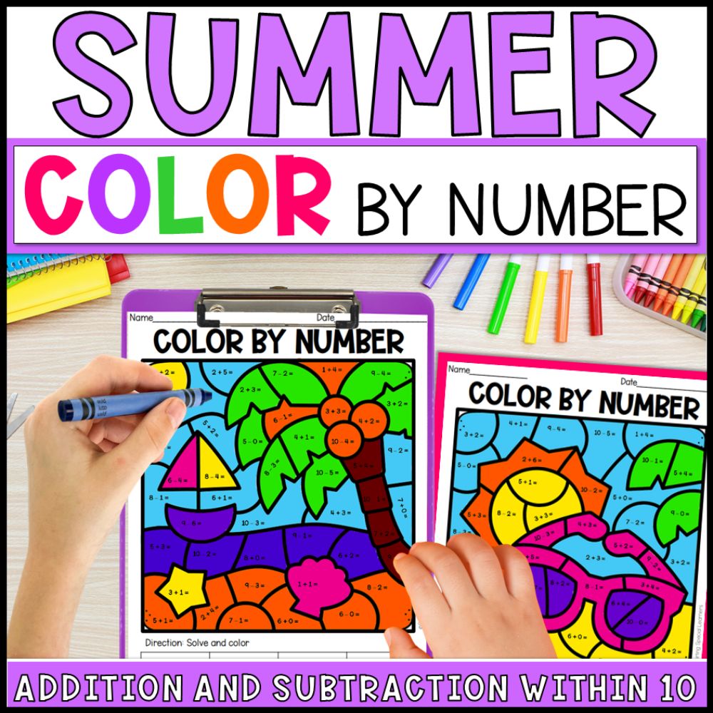 Color by Number Addition and Subtraction Within 10 - Summer
