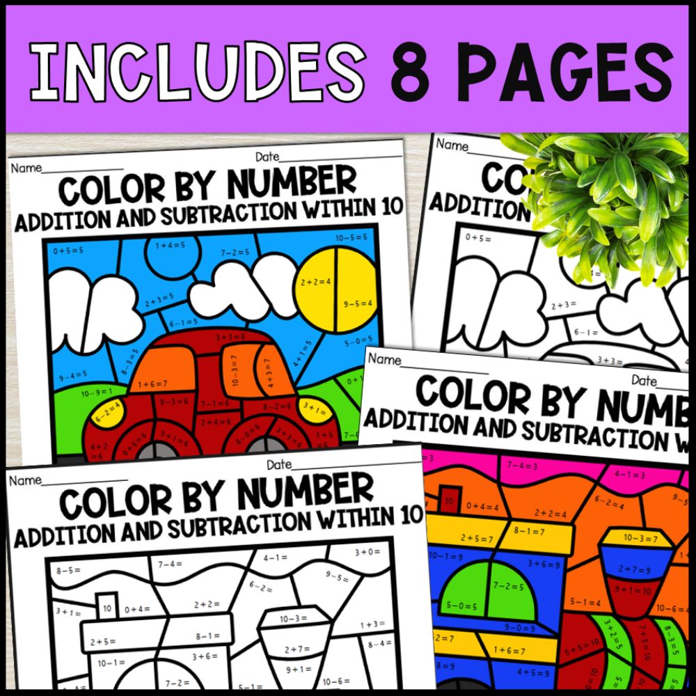 color by number addition and subtraction within 10 - transportation 8 pages