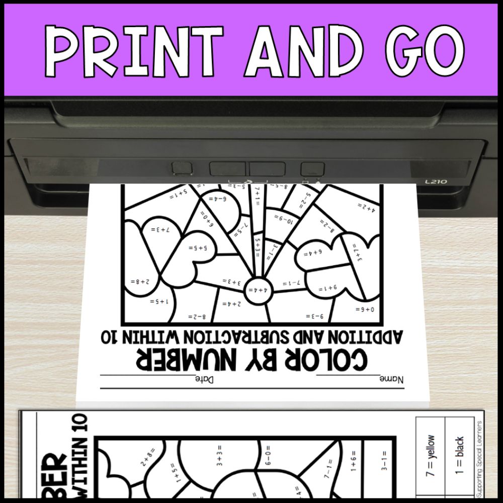 color by number addition and subtraction within 10 - transportation no prep