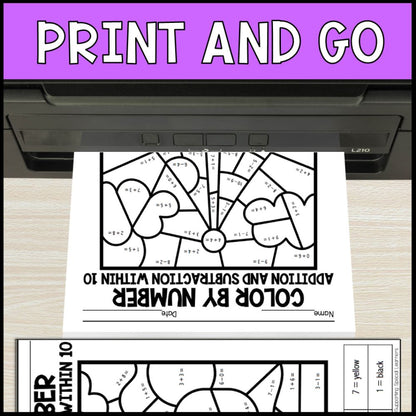 color by number addition and subtraction within 10 - transportation no prep