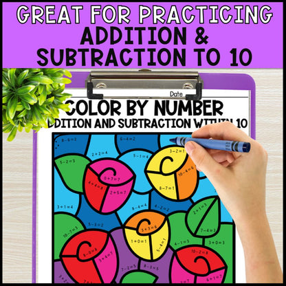 Color by Number Addition and Subtraction Within 10 - Valentine's Day