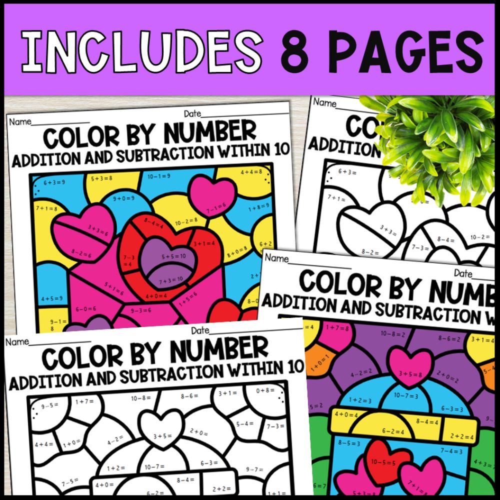 color by number addition and subtraction within 10 - valentines day 8 pages