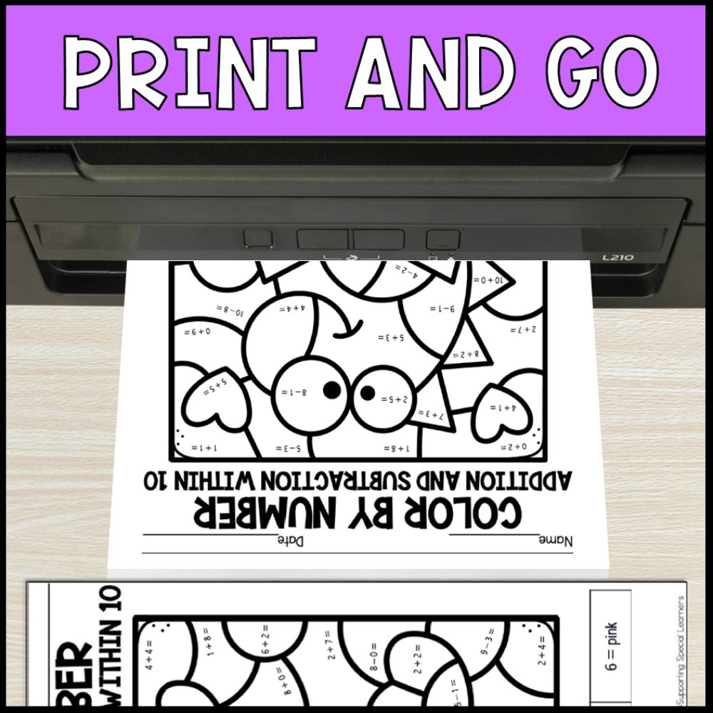 color by number addition and subtraction within 10 - valentines day no prep