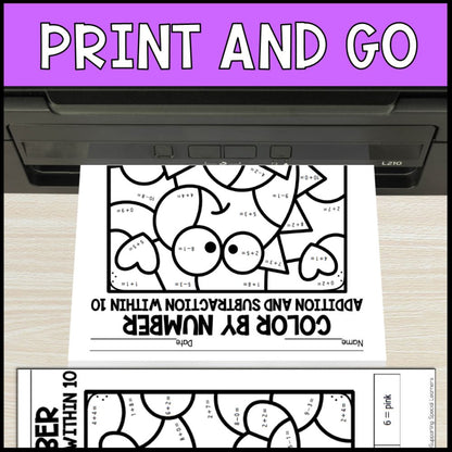 color by number addition and subtraction within 10 - valentines day no prep