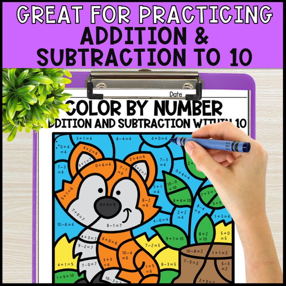 color by number addition and subtraction within 10 - woodland animals