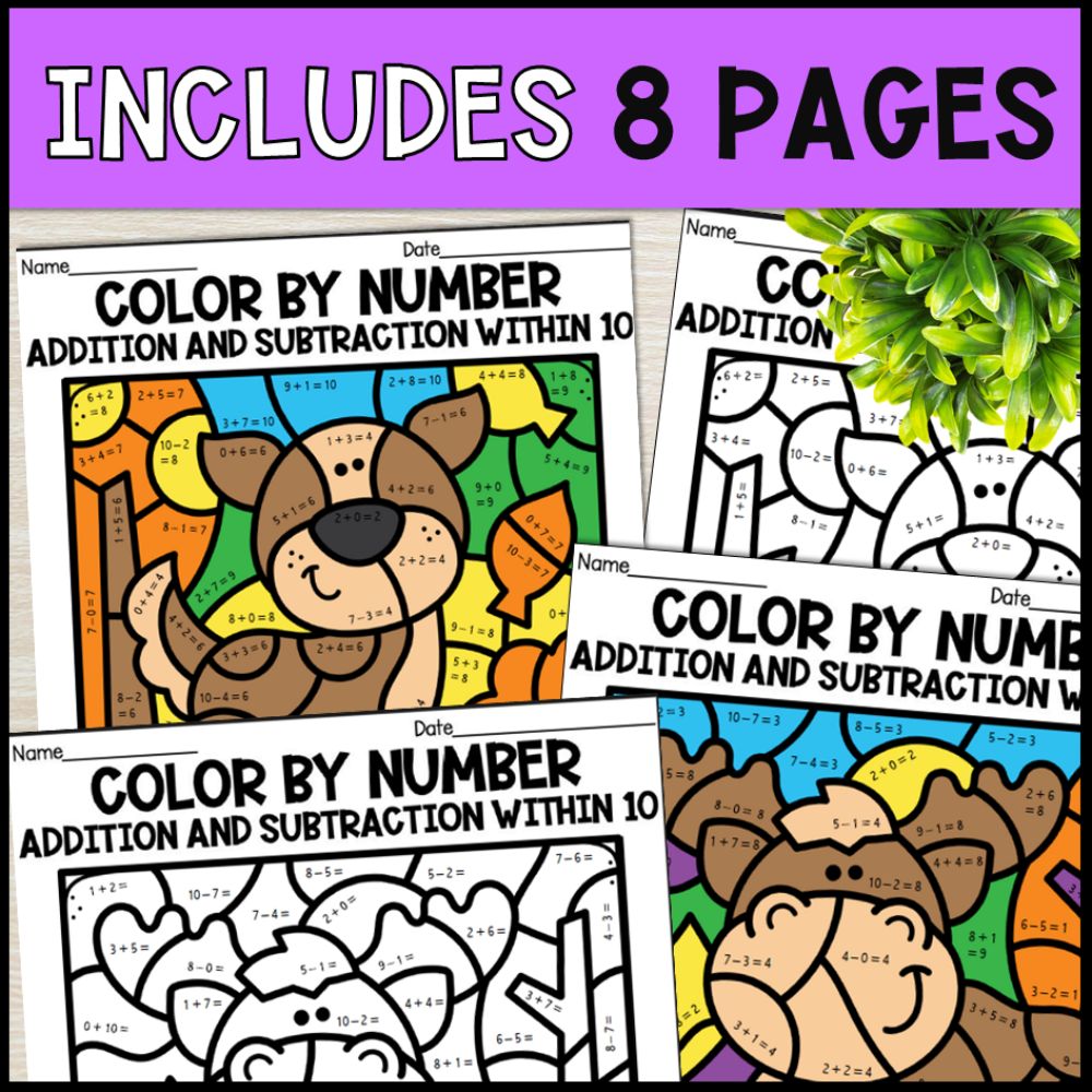 color by number addition and subtraction within 10 - woodland animals 8 pages