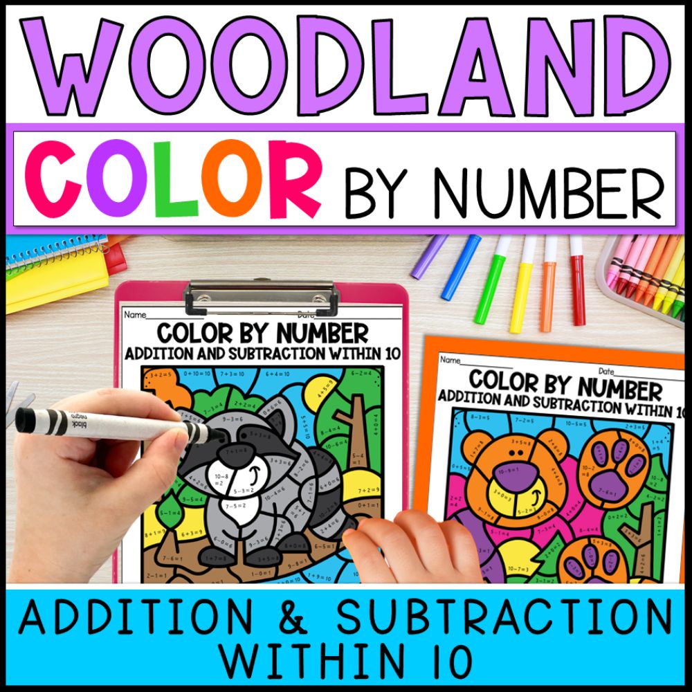 color by number addition and subtraction within 10 - woodland animals cover