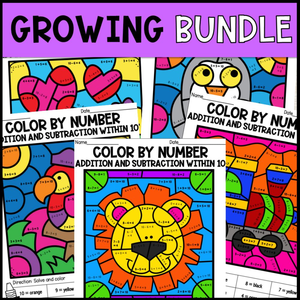 Color by Number Addition and Subtraction Within 10 Growing Bundle