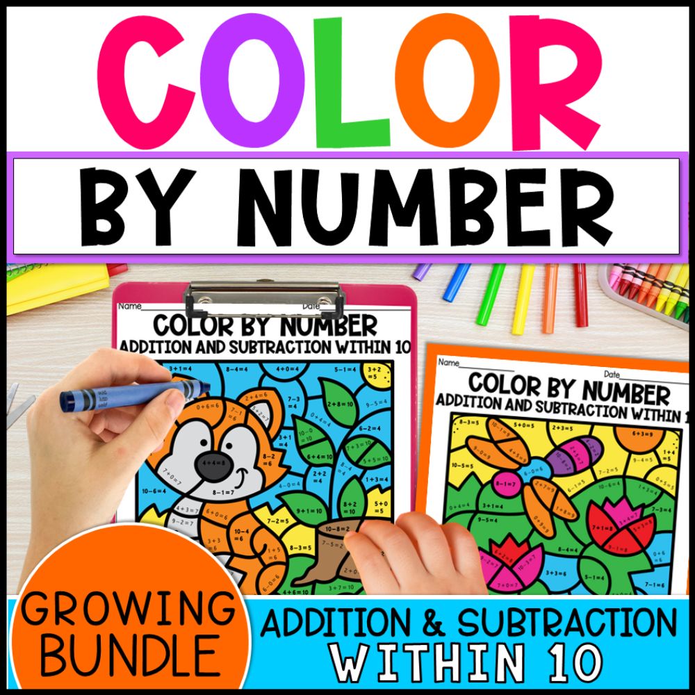 Color by Number Addition and Subtraction Within 10 Growing Bundle