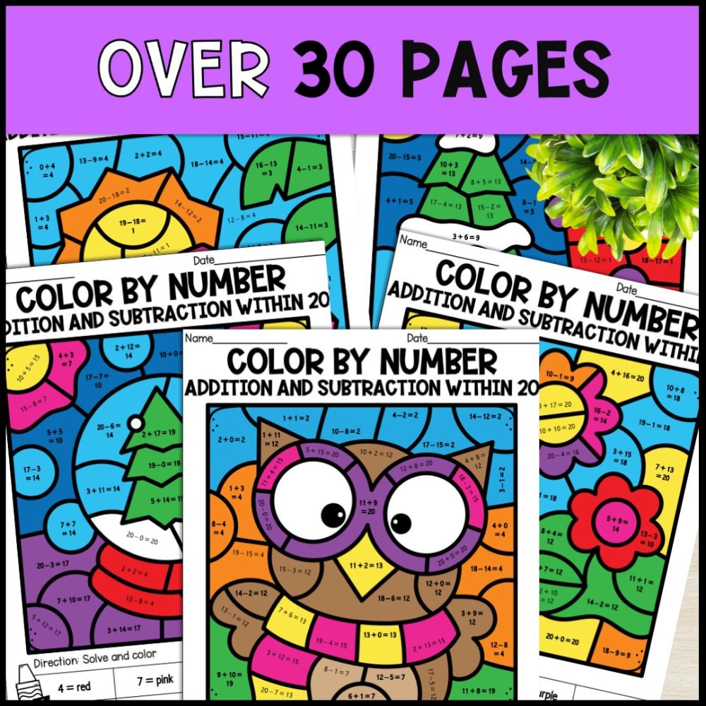 Color by Number Addition and Subtraction Within 20 - 4 Seasons