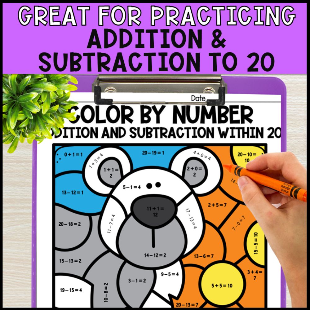 Color by Number Addition and Subtraction Within 20 - Arctic Animals