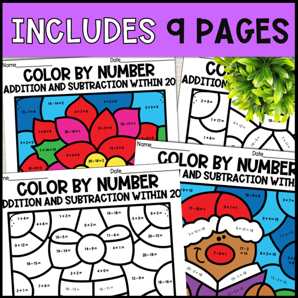 color by number addition and subtraction within 20 - christmas 9 pages