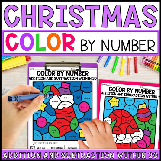color by number addition and subtraction within 20 - christmas cover
