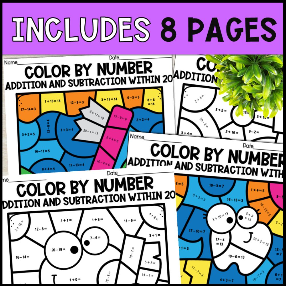 color by number addition and subtraction within 20 - dentist 8 pages