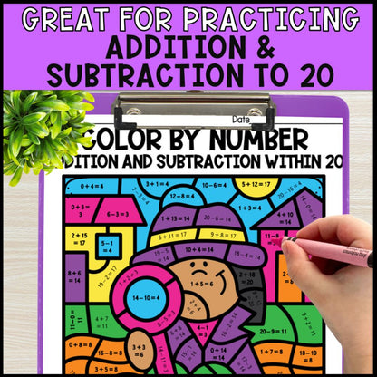Color by Number Addition and Subtraction Within 20 - Detective Theme