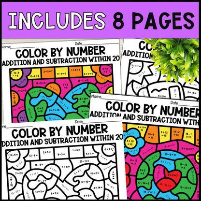 color by number addition and subtraction within 20 - earth day 8 pages