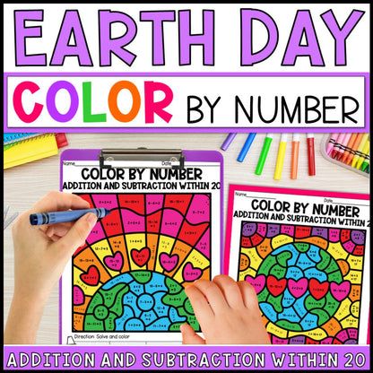 color by number addition and subtraction within 20 - earth day cover