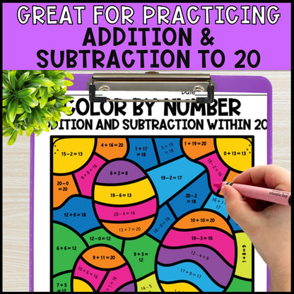 color by number addition and subtraction within 20 - easter theme