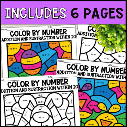 color by number addition and subtraction within 20 - easter theme 6 pages