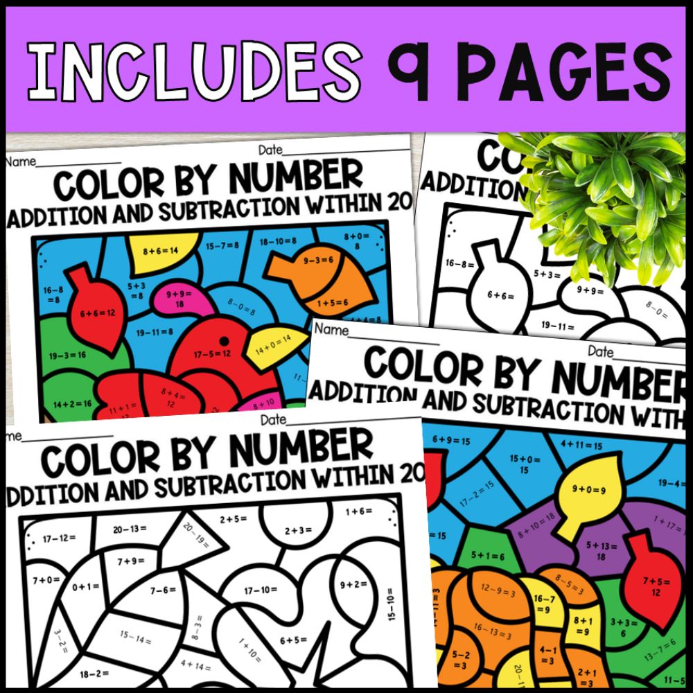 color by number addition and subtraction within 20 - fall theme 9 pages