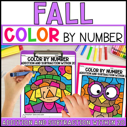color by number addition and subtraction within 20 - fall theme cover