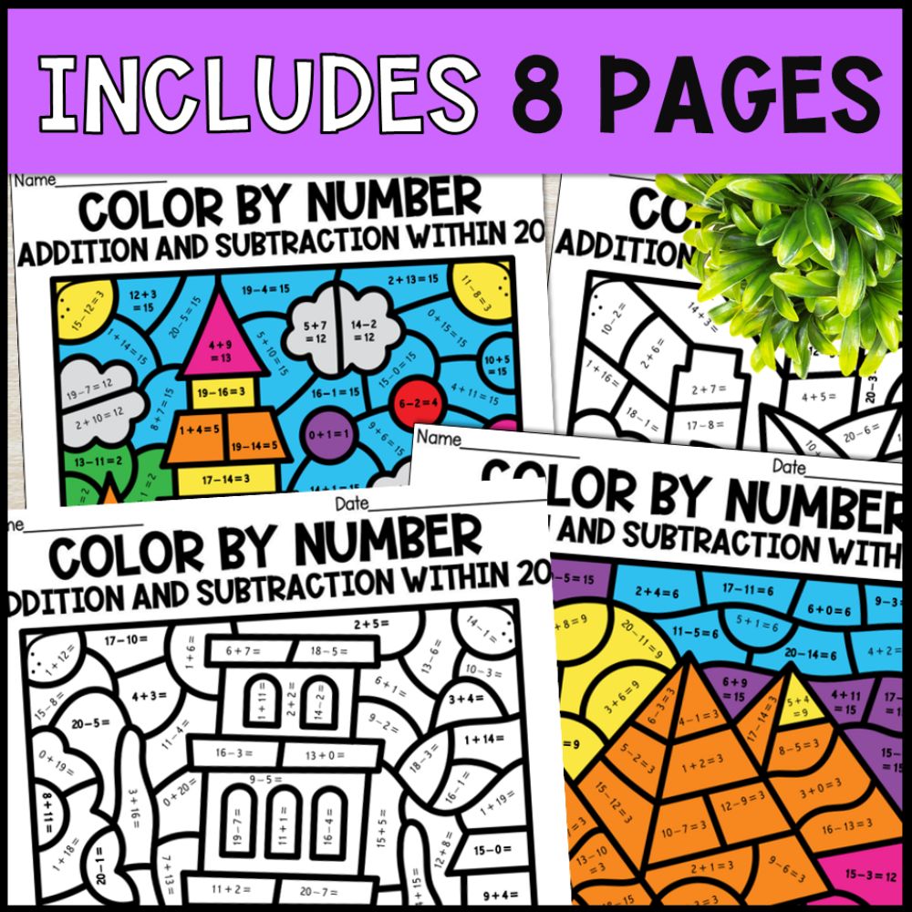 color by number addition and subtraction within 20 - famous buildings 8 pages