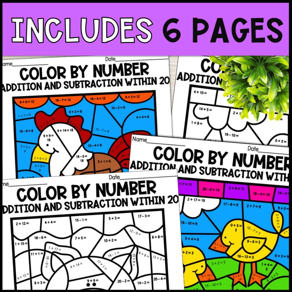 color by number addition and subtraction within 20 - farm theme 6 pages