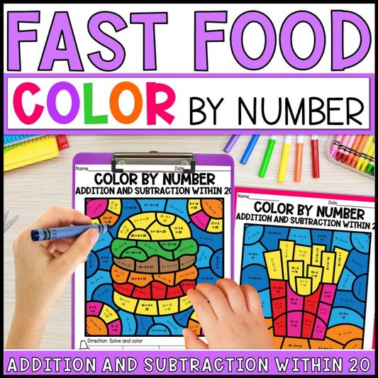 Color by Number Addition and Subtraction Within 20 - Fast Food