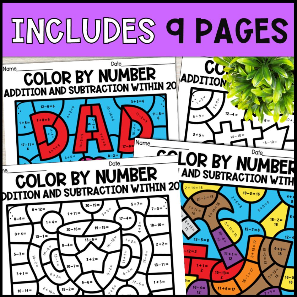 color by number addition and subtraction within 20 - fathers day 9 pages