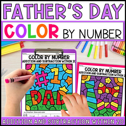 color by number addition and subtraction within 20 - fathers day cover
