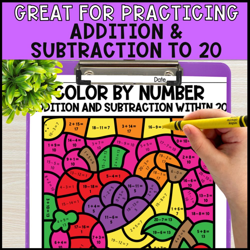 Color by Number Addition and Subtraction Within 20 - Food Groups