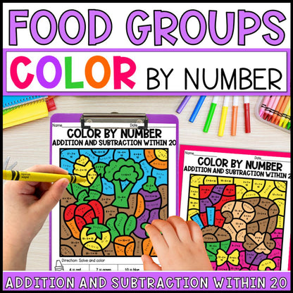 Color by Number Addition and Subtraction Within 20 - Food Groups