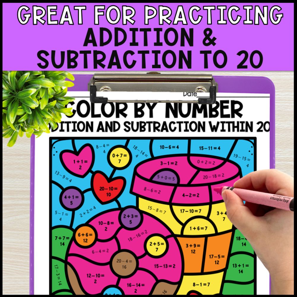 Color by Number Addition and Subtraction Within 20 - Food Pairs