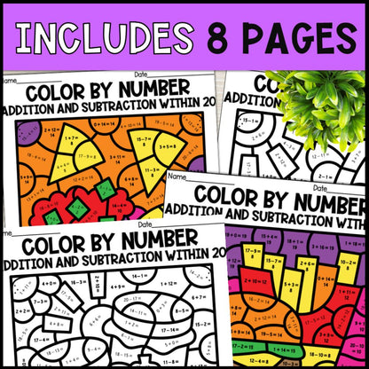 Color by Number Addition and Subtraction Within 20 - Food Pairs