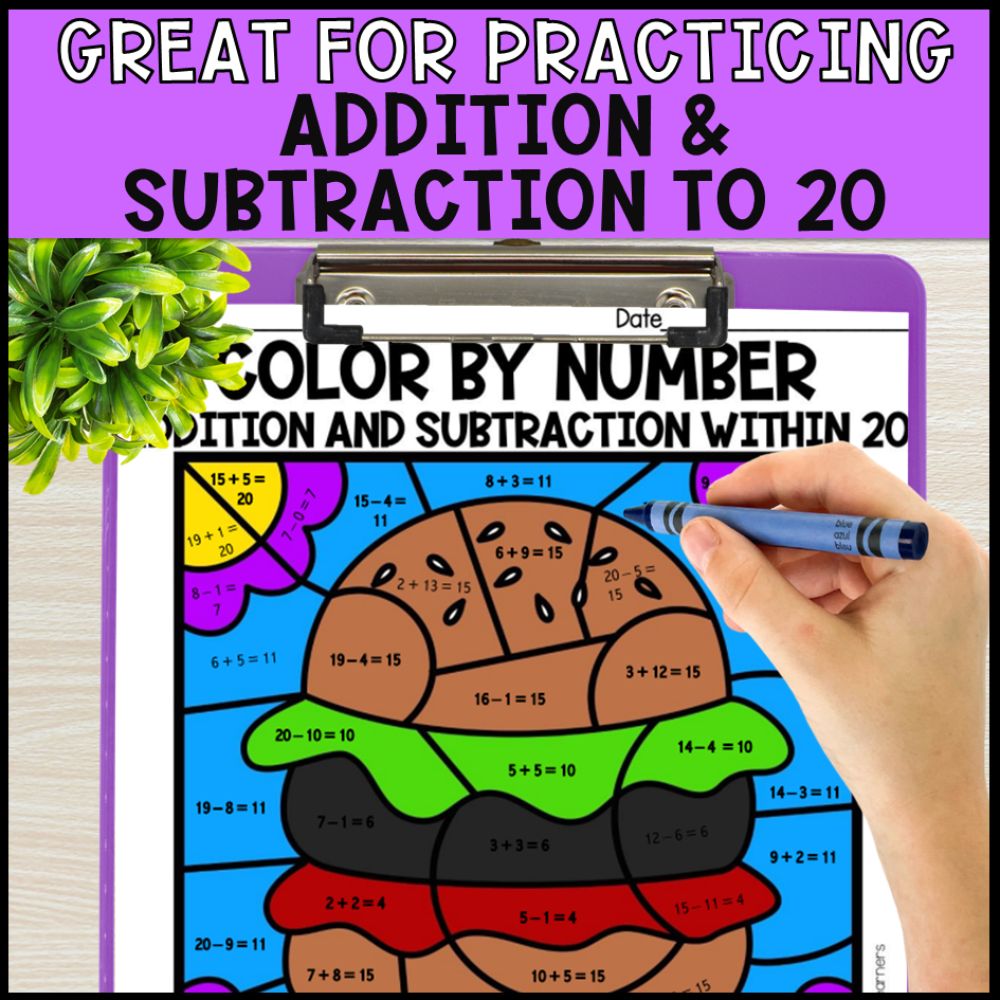 color by number addition and subtraction within 20 - food theme