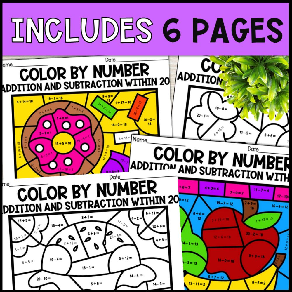 color by number addition and subtraction within 20 - food theme 6 pages
