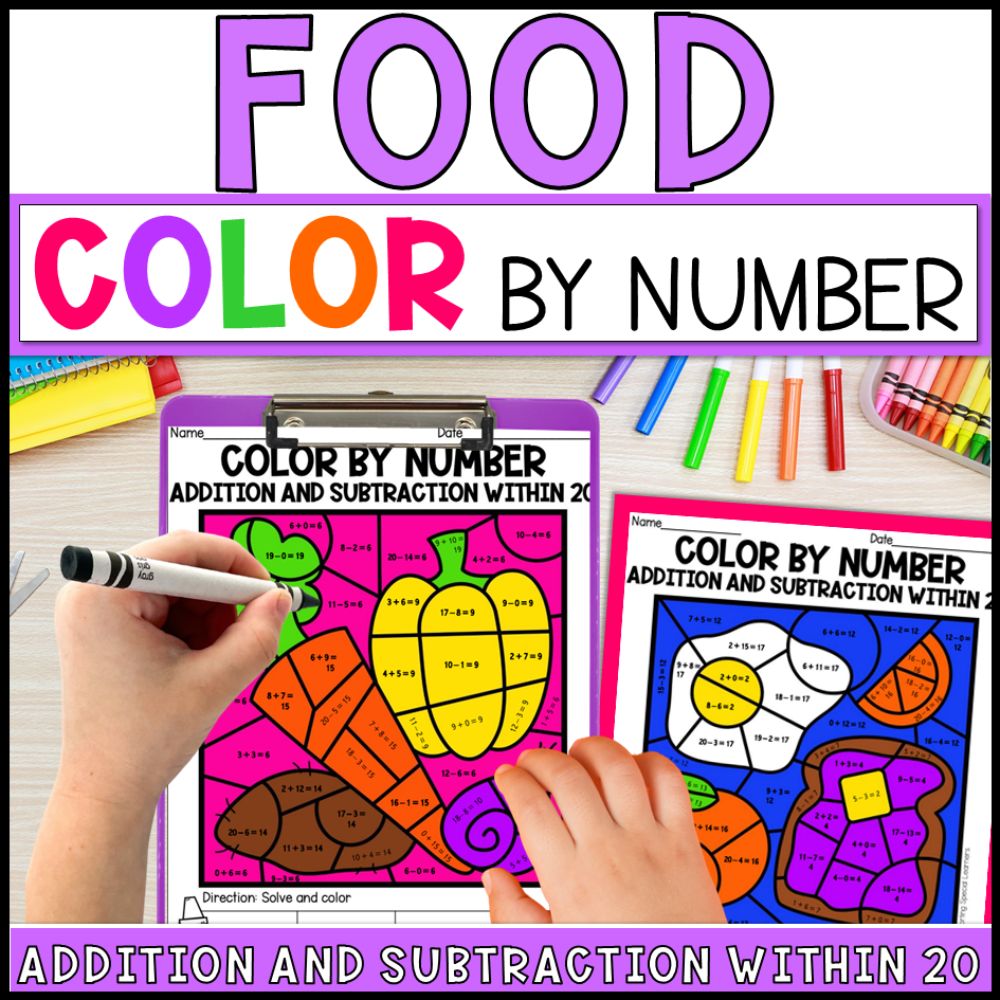 color by number addition and subtraction within 20 - food theme cover