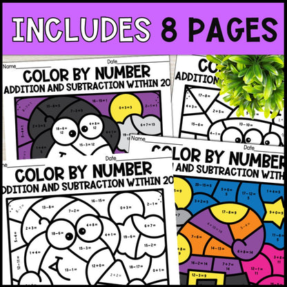 color by number addition and subtraction within 20 - halloween 8 pages