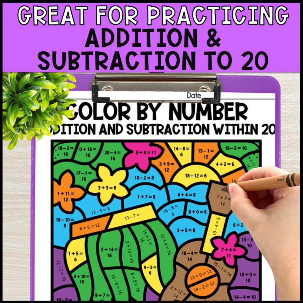 Color by Number Addition and Subtraction Within 20 - Hawaii Theme