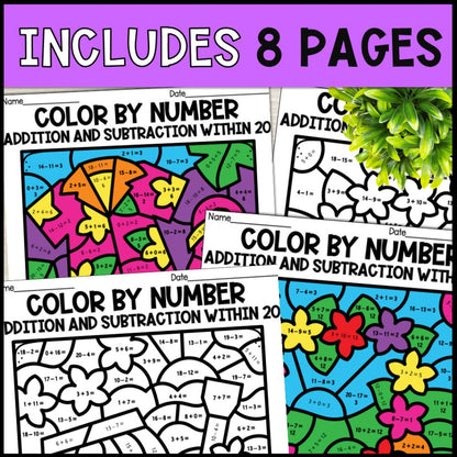 Color by Number Addition and Subtraction Within 20 - Hawaii Theme