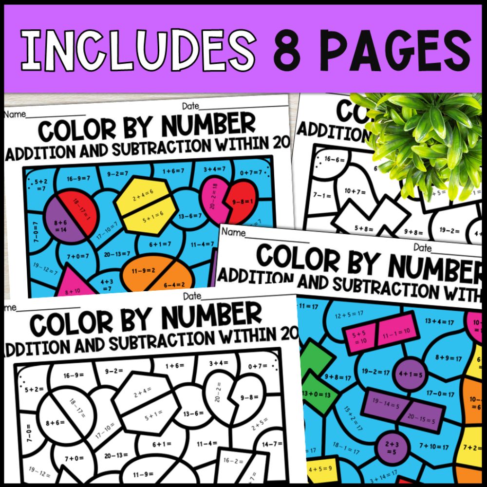 color by number addition and subtraction within 20 - math 8 pages