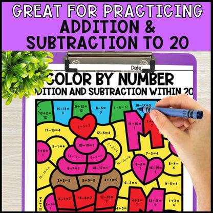 color by number addition and subtraction within 20 - mothers day